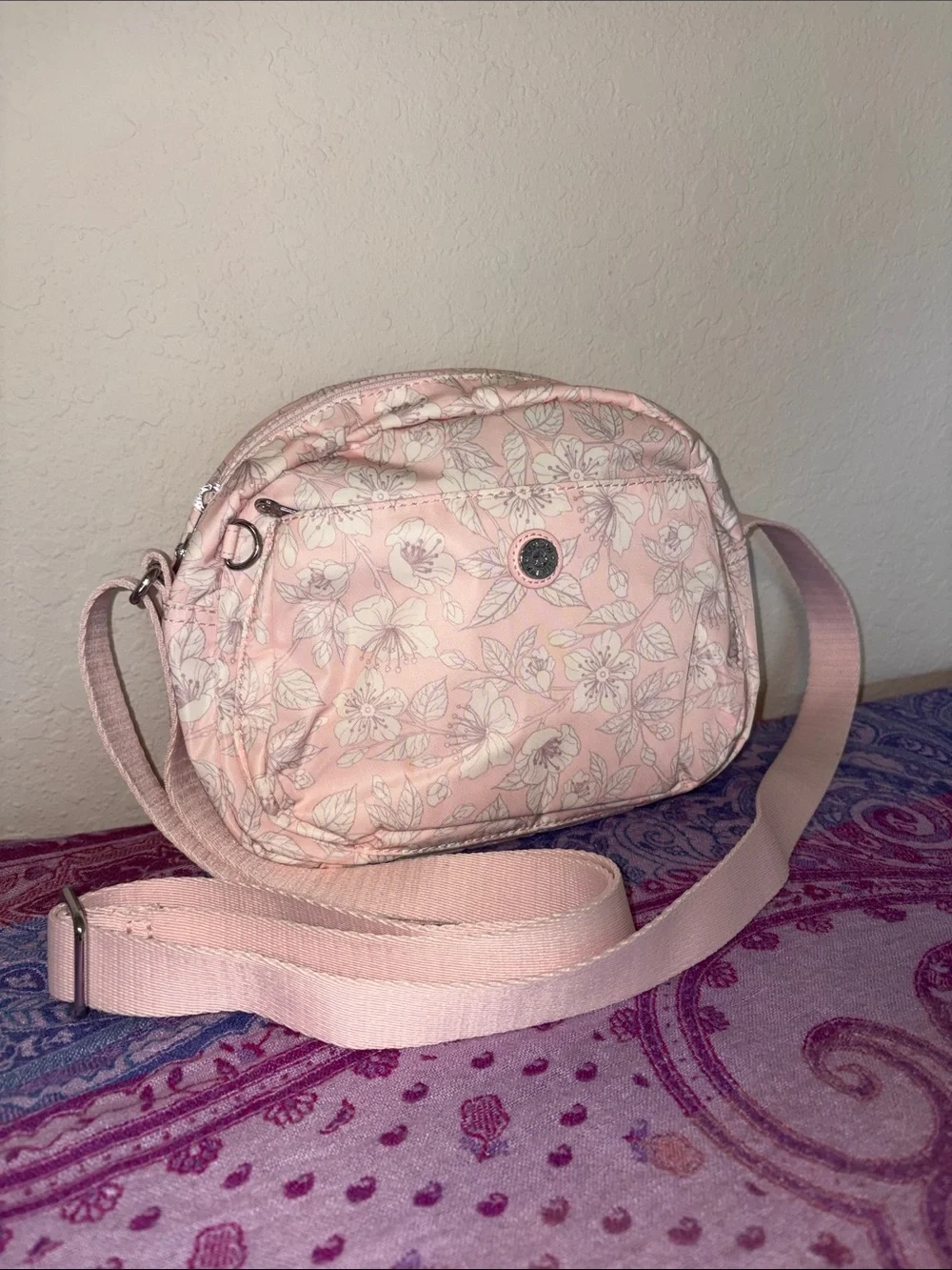 Kipling pink sakura print crossbody with out monkey charm